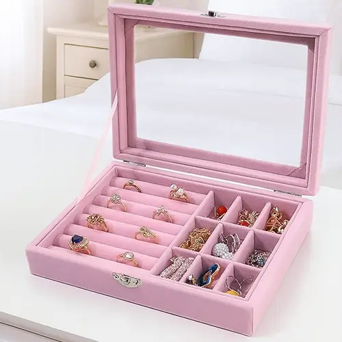 Boîte de Rangement Luxe pour Bijoux avec Couvercle Transparent rose.webp