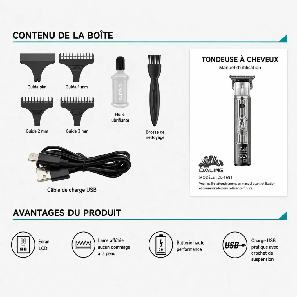 Tondeuse Professionnelle DALING DL-1681 – Sans Fil Rechargeable USB avec Écran LED marchinettn.webp