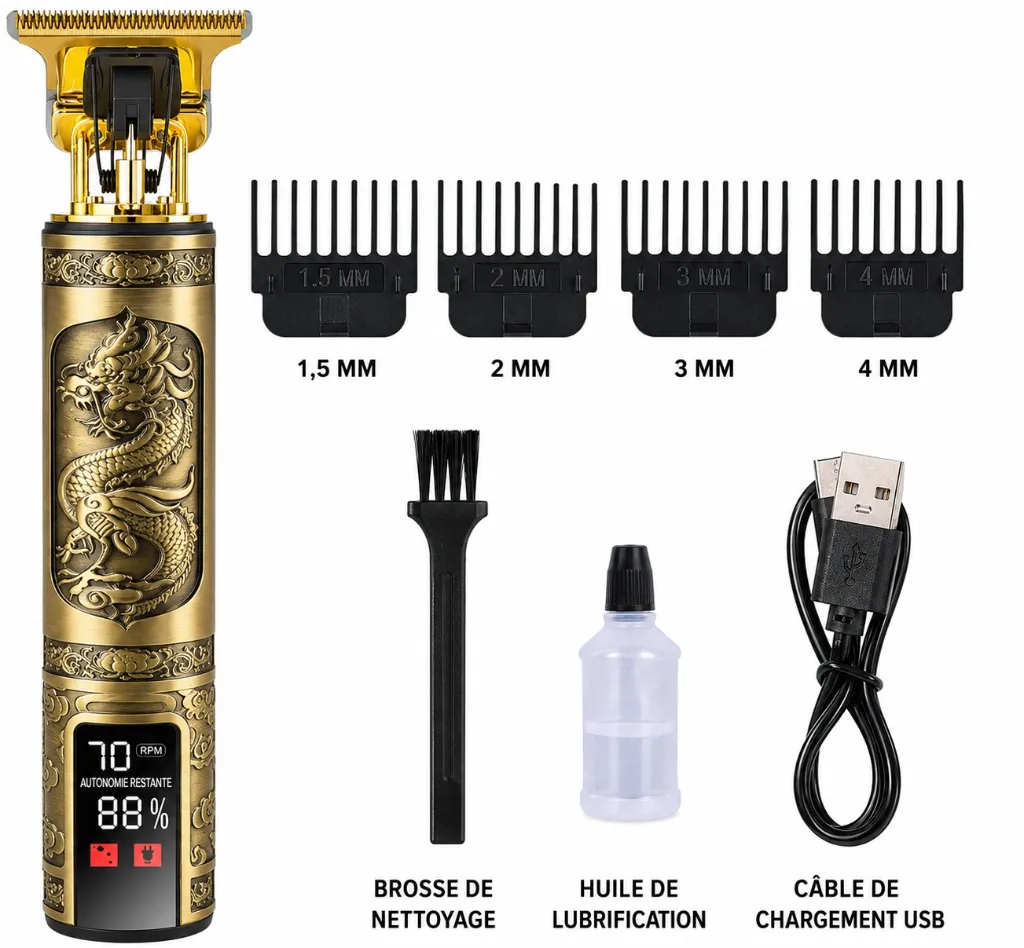 KISSKOUCHI Tondeuse Professionnelle Sans Fil Dragon Gold LCD – Coupe Cheveux & Barbe USB MARCHINET.webp
