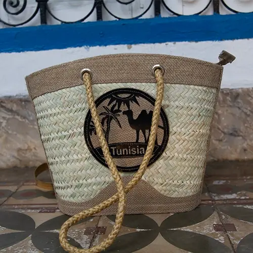 Couffin Artisanal Tunisien Design Camel & Palmier Marchinet.webp