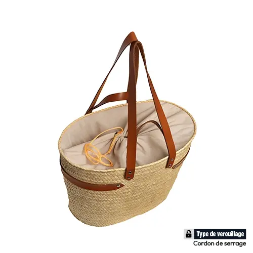 Couffin artisanal en paille tressée avec anses et lanières cuir  Tunisie marchinettn.webp
