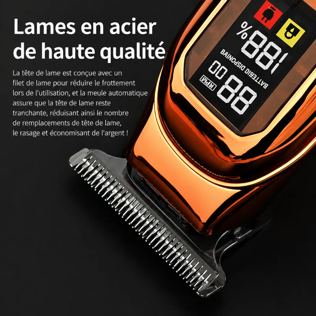 Tondeuse Professionnelle Sans Fil LCD – Lames Acier + Moteur Puissant Silencieux