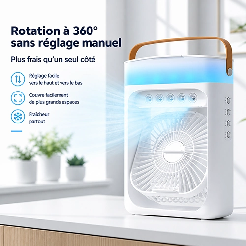 Ventilateur Climatiseur Portable 3-en-1 USB avec Brumisation & Lumière LED RGB