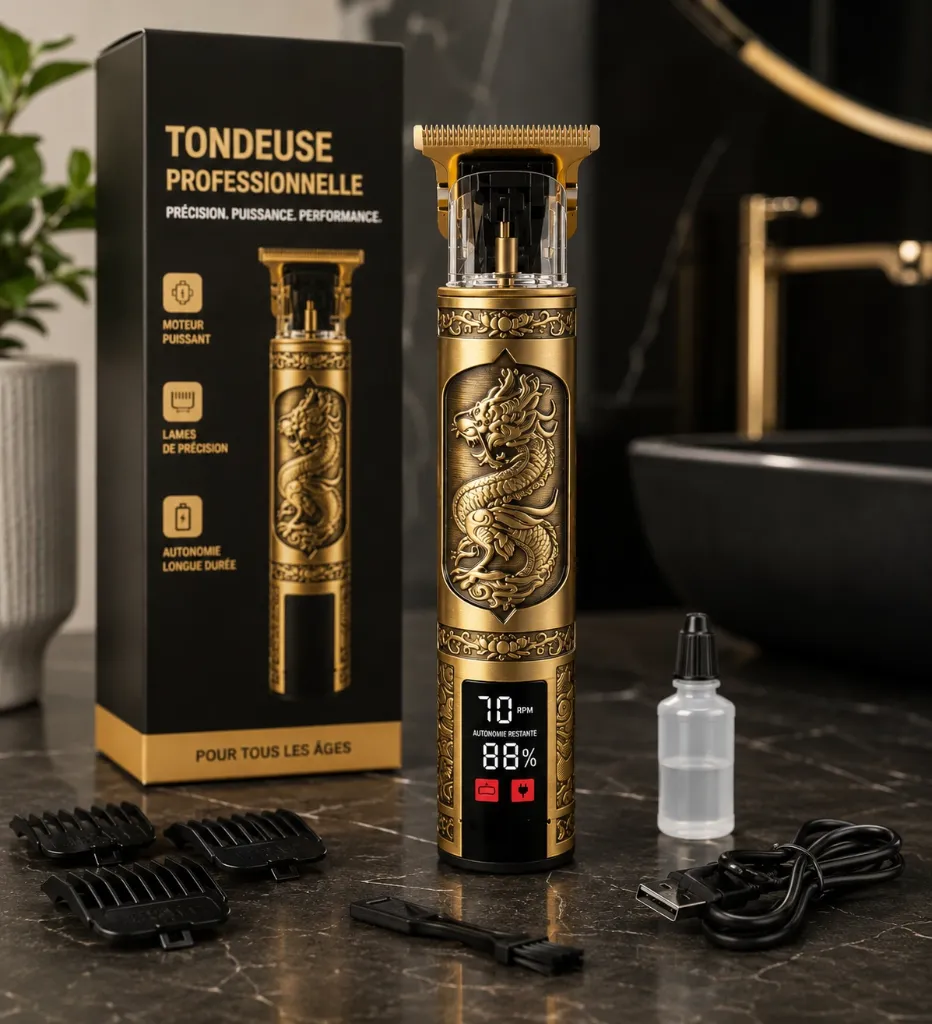 KISSKOUCHI Tondeuse Professionnelle Sans Fil Dragon Gold LCD – Coupe Cheveux & Barbe USB