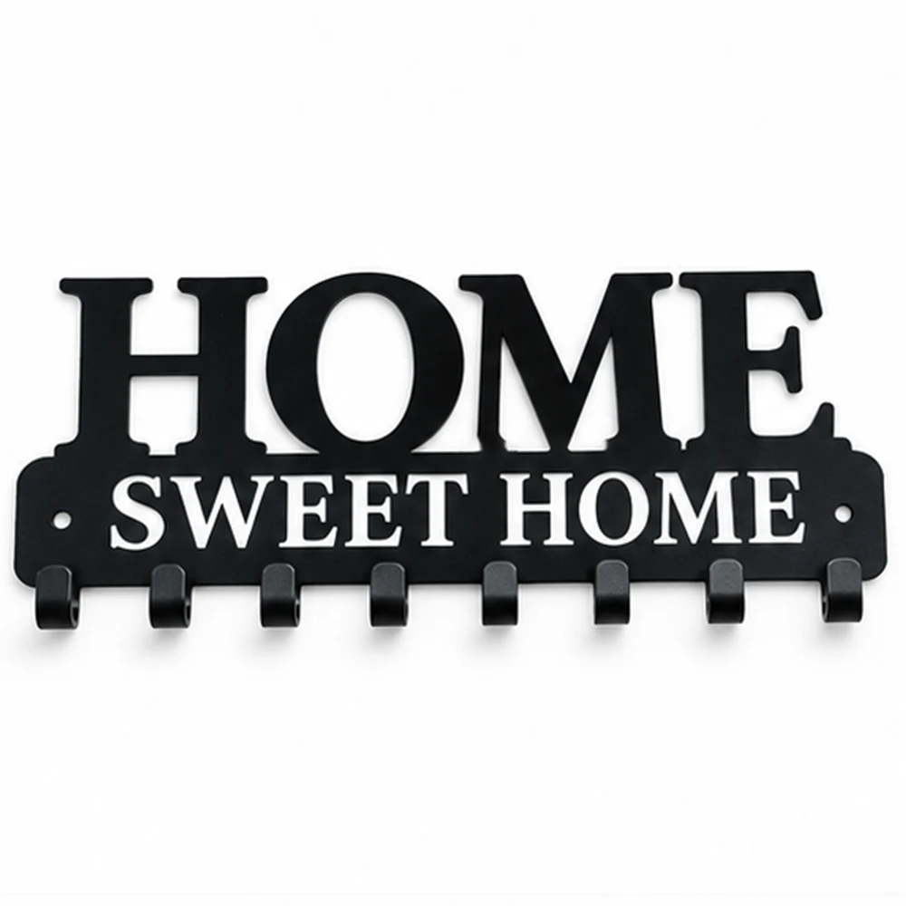 Portemanteau Mural Home Sweet Home – Métal Noir 8 Crochets