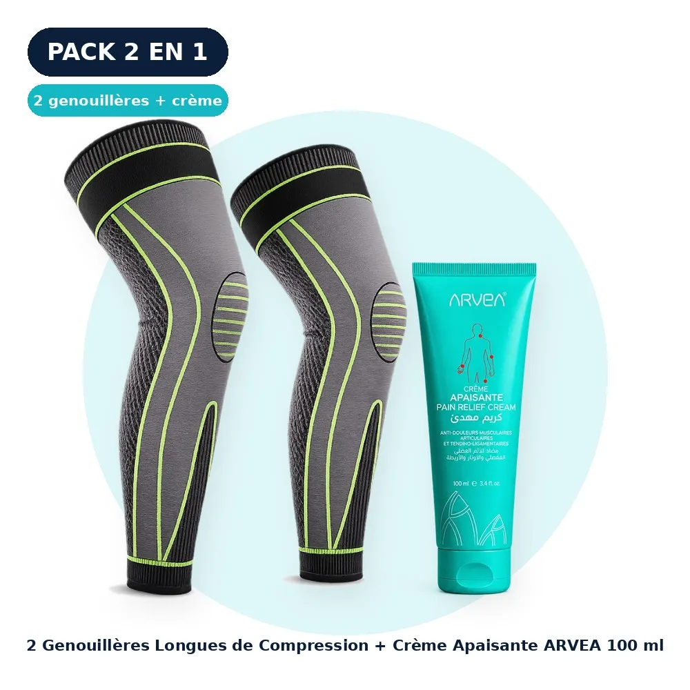 Pack Genoux Confort – 2 Genouillères Longues + Crème Apaisante ARVEA 100 ml