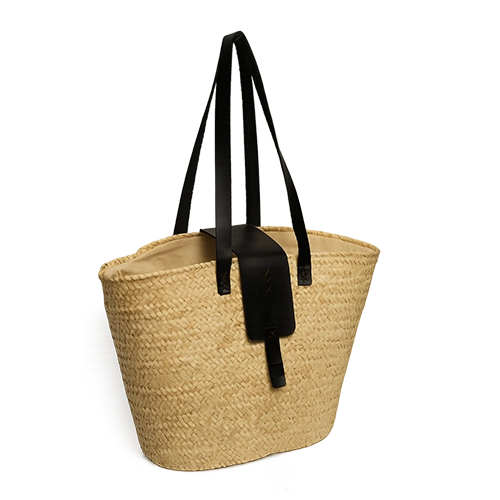 Couffin Noir  Panier en Osier avec Anses en Cuir Noir – Artisanat Tunisien