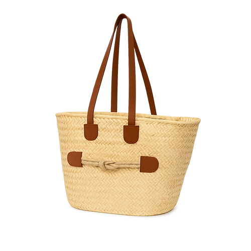 Couffin artisanal clair en paille tressée avec anses cuir & corde – Tunisie